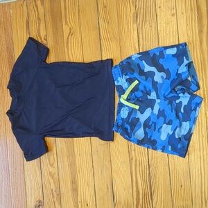 Primary boys blue rashguard and swim trunks, size 2-3